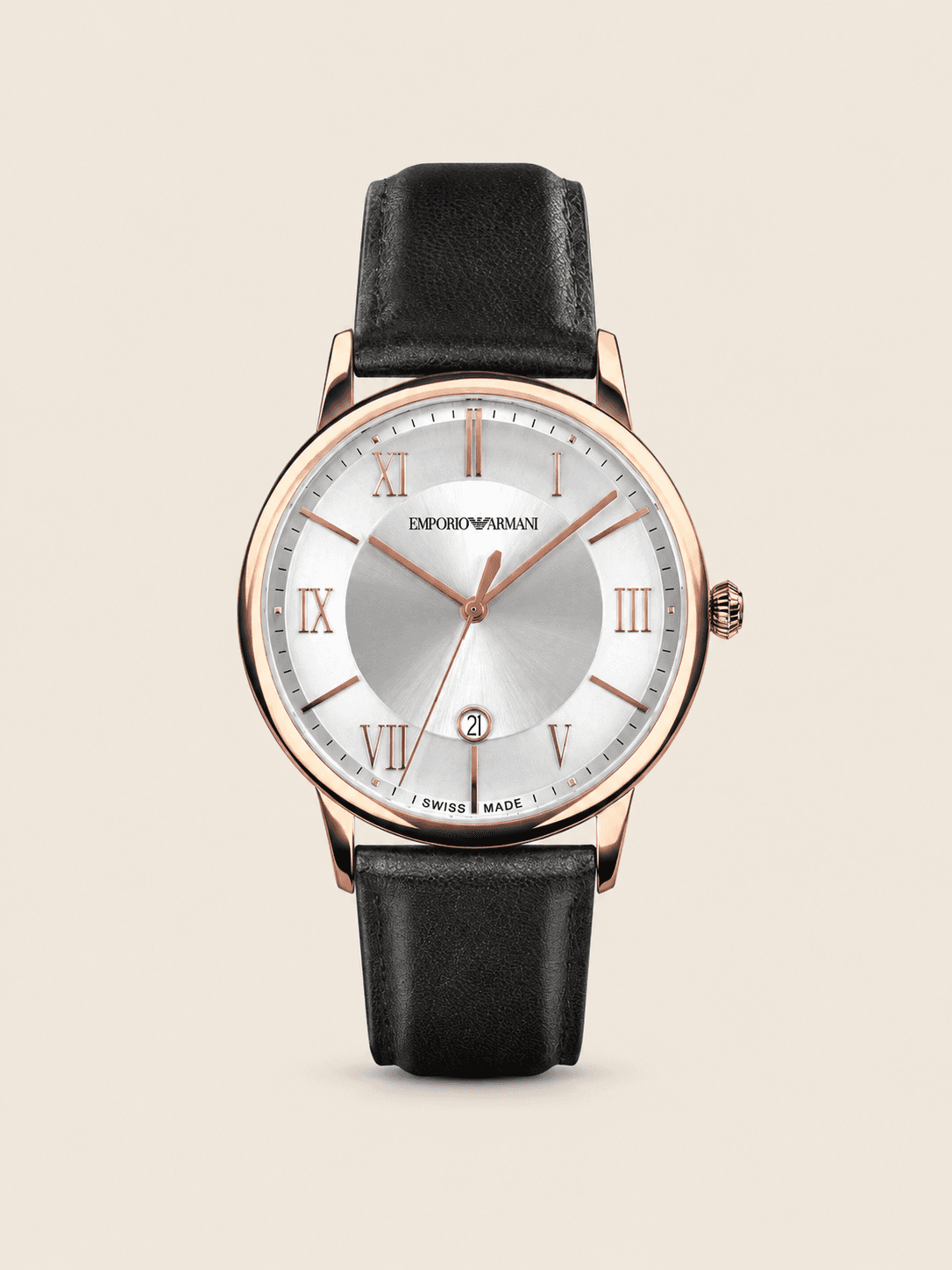 Emporio Armani Black Leather Watch — Three-Hand Date