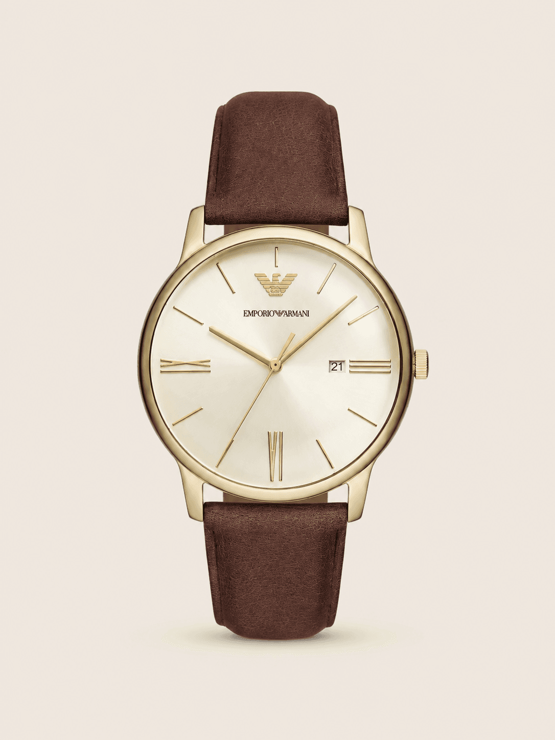 Emporio Armani Three-Hand Date Brown Leather Watch